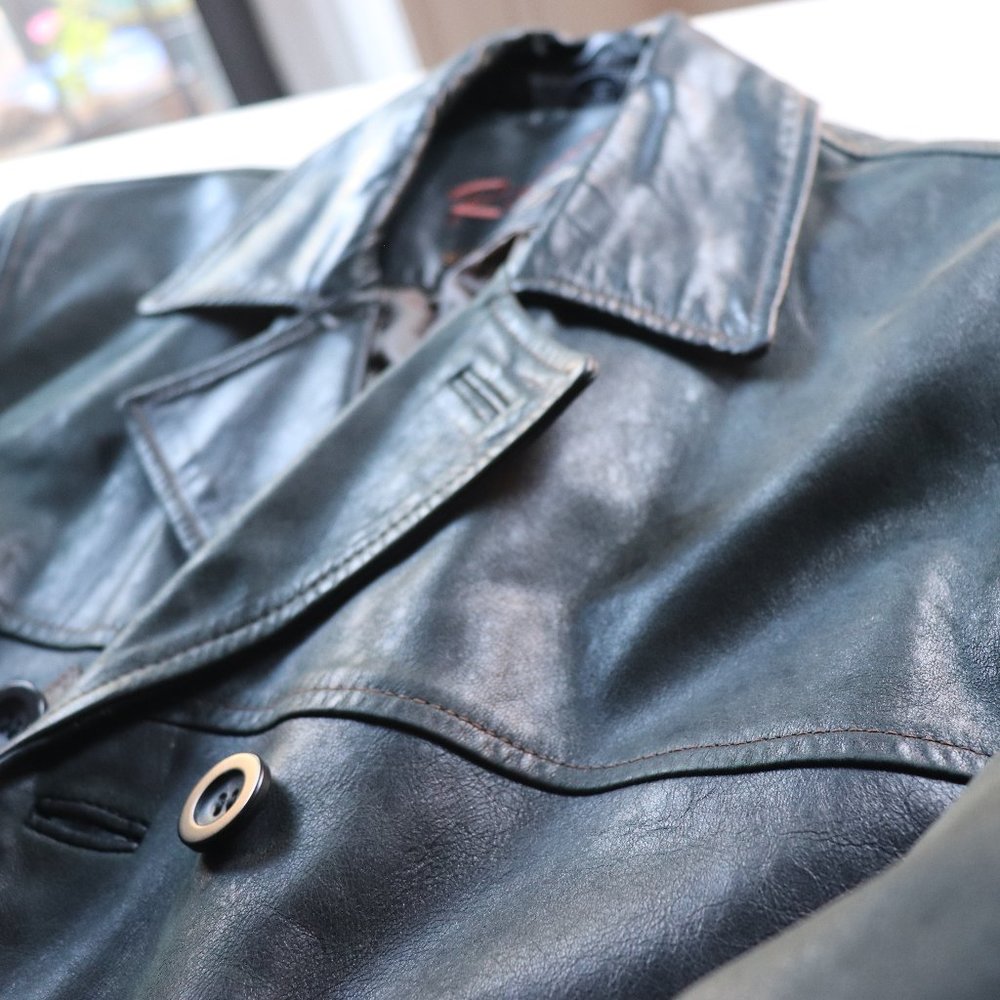 Men's leather jacket by Reilly Olmes.
